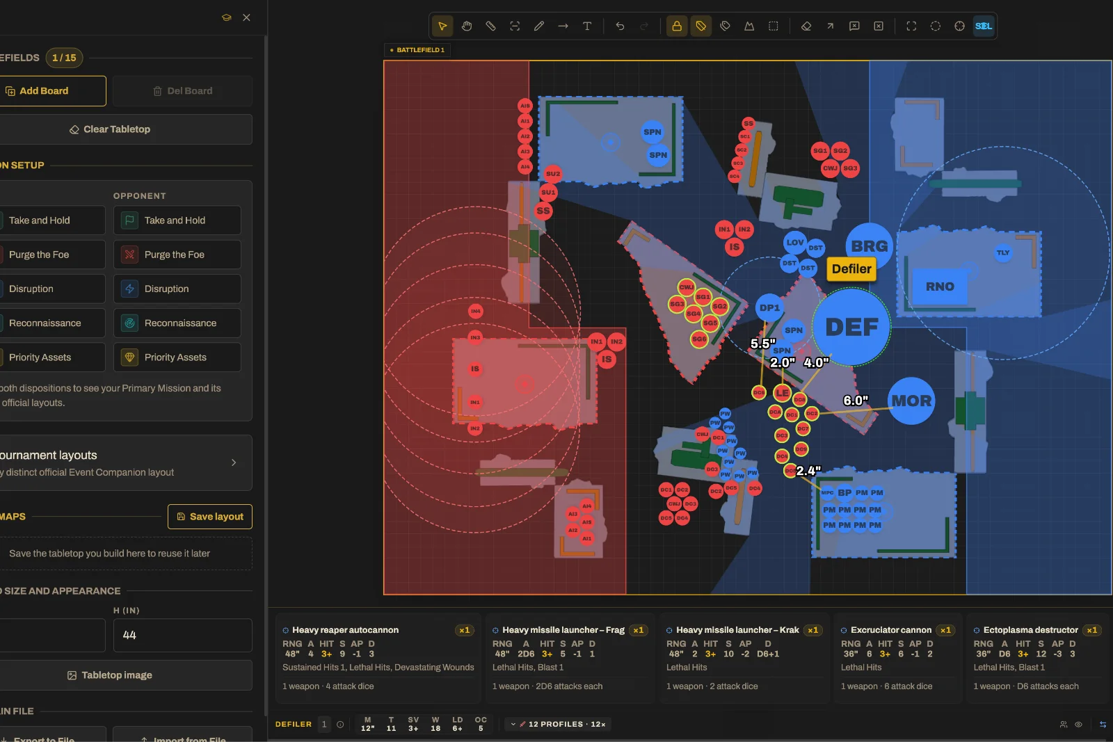 A top-down 40 Carrot Virtual Tabletop with terrain, deployment zones, and units placed