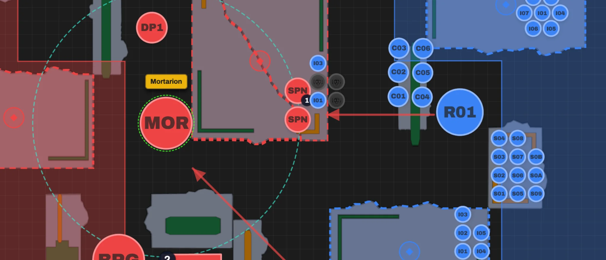 A threat range crossing terrain on a true-scale table