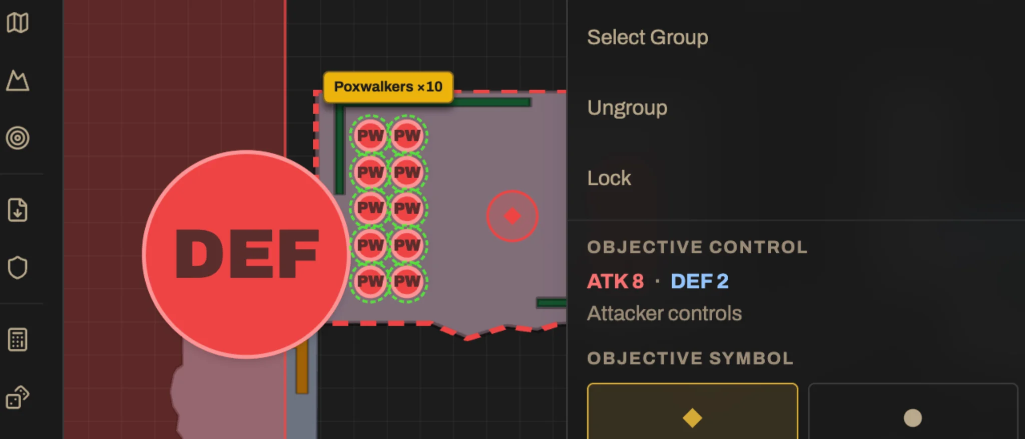 A full Virtual Tabletop with red and blue deployment zones, model groups, ruins, and objective markers