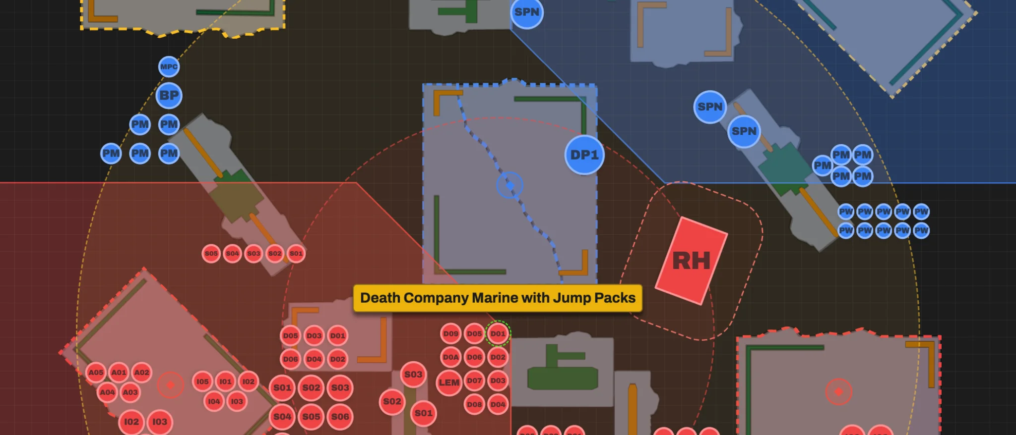 A true-scale 40 Carrot Virtual Tabletop set for solo practice with terrain, objectives, deployment zones, and both armies visible