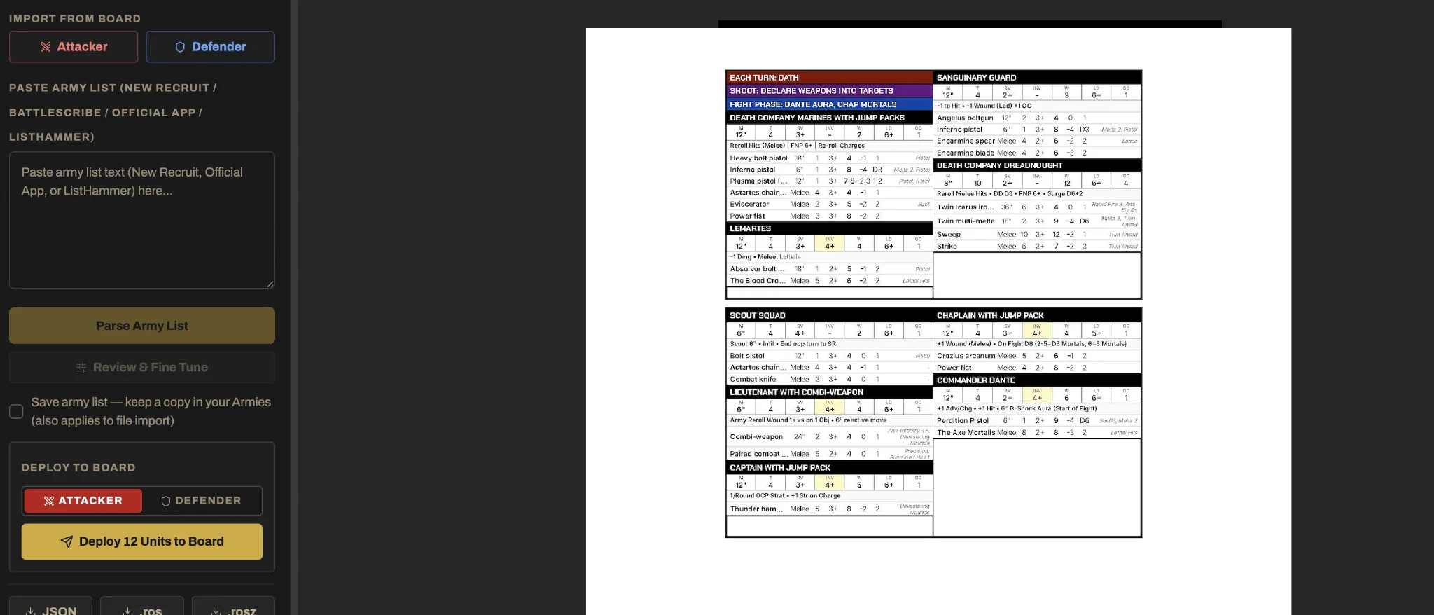 Custom printable unit references prepared for a tournament roster