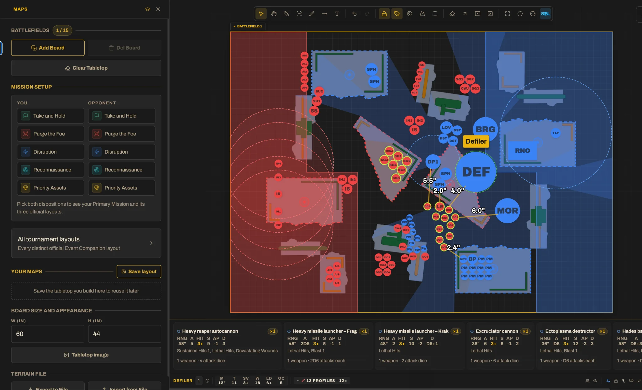 A mission position with models placed around multiple objective footprints