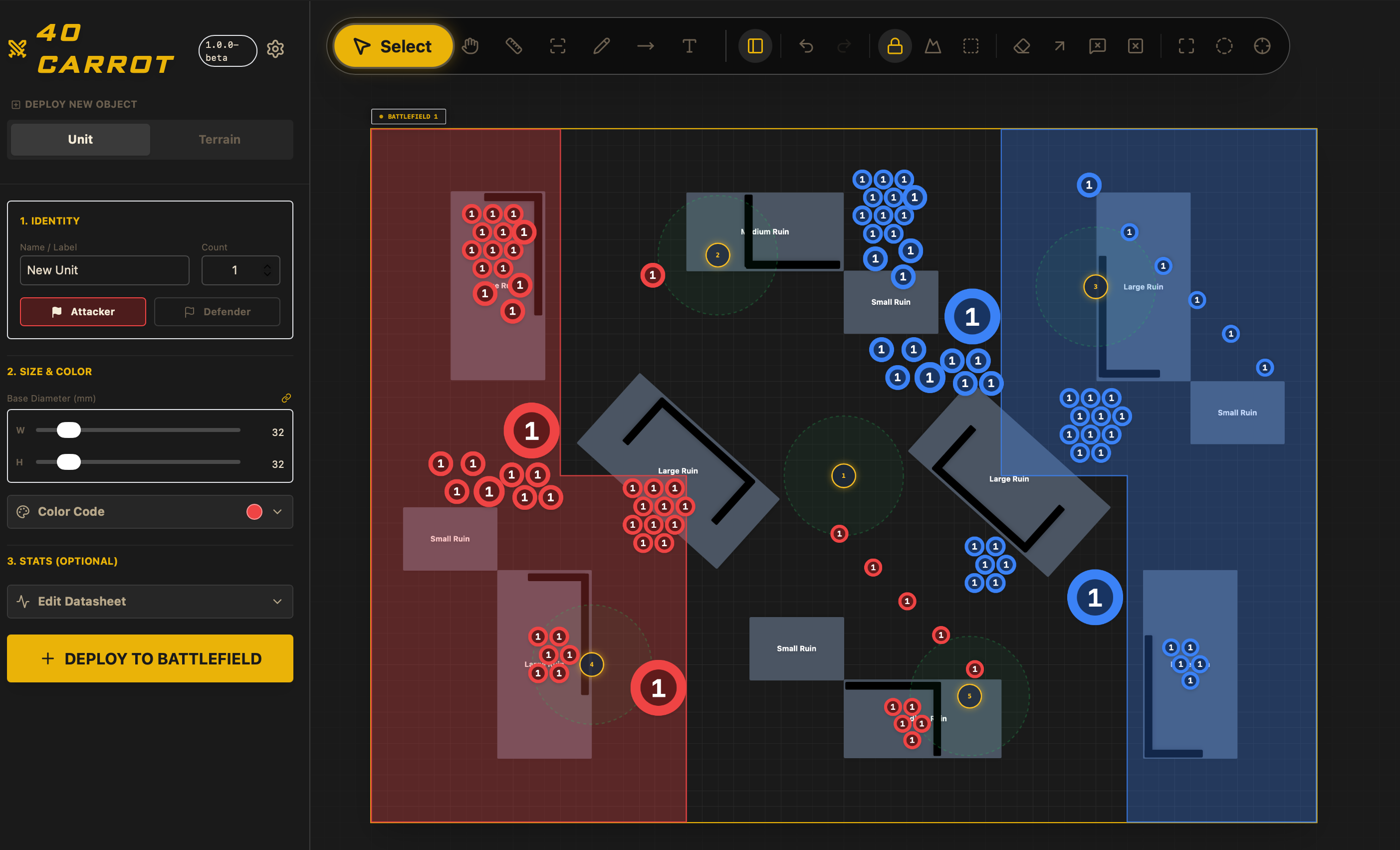 A top-down 40 Carrot board with terrain, deployment zones and units placed